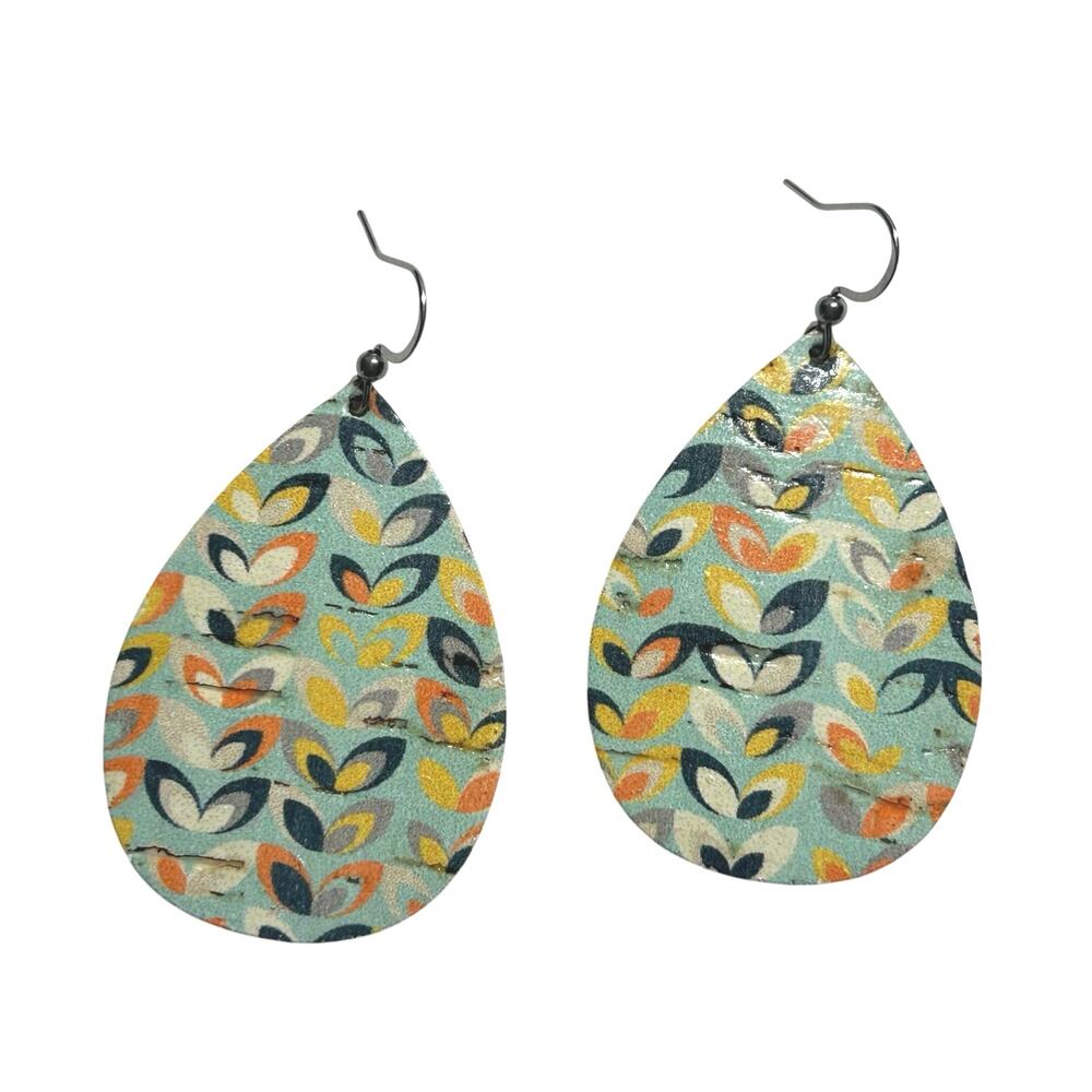 5/$25 Handmade Cork on Leather Lotus Boho Whimsical Teardrop Earrings 2" New
